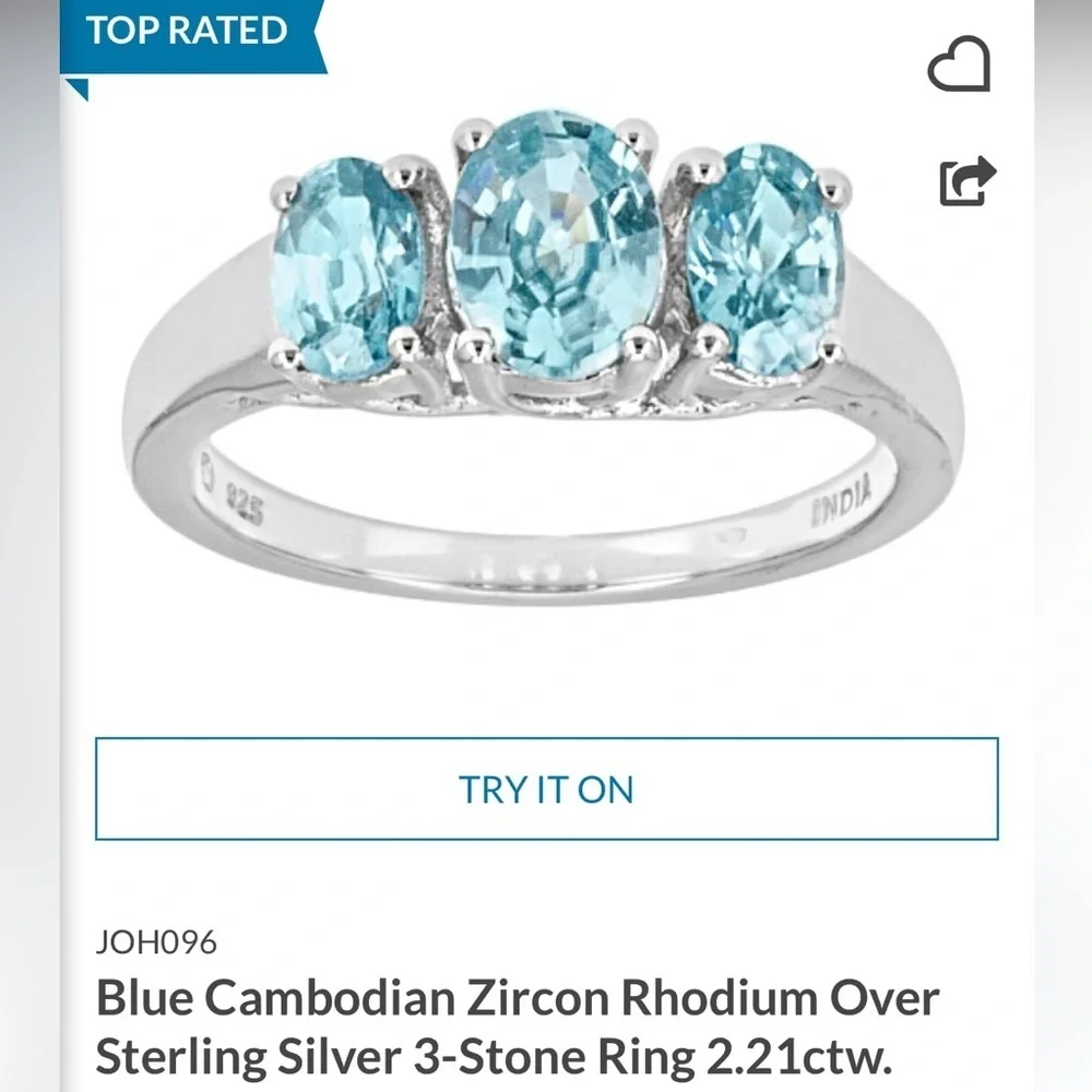 Blue Cambodian Zircon Ring Size 6 Three Stone Rhodium Over Sterling Silver